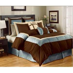  8 Pc High Quality Brown / Blue Complete Comforter Set 