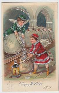 Angels Filling Bags of Money 1911 New Year Silver Accents Postcard 