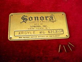 Vintage NAME TAG Plate SONORA HAND CRANK PHONOGRAPH PART Victrola 