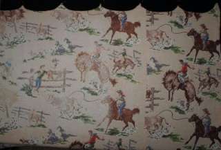 Cowboys, Horses, and Cows, Vintage Western Bark Cloth Curtain  