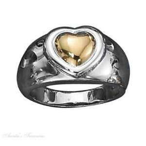    Sterling Silver Two Tone Heart On Tapered Band Ring Size 6 Jewelry