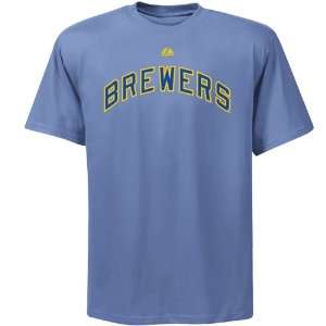 MLB Majestic Milwaukee Brewers Official Wordmark T Shirt   Light Blue 