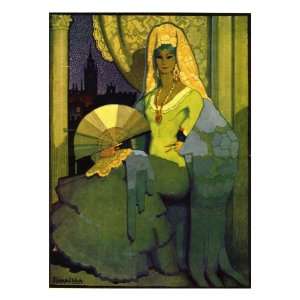  Spanish Woman with Fan, Book Plate, Spain, 1920 Giclee 