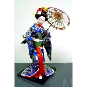    Geisha Girl Doll Statue Silk Kimono Fabric Fan