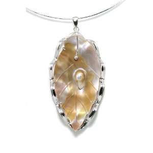  Mother of Pearl & Blister Pearl Leaf Silver Pendant 3.3x1 