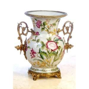  Porcelain Colored Vase with Hand painted Design and Brass 