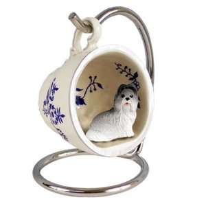  Shih Tzu Blue Tea Cup Dog Ornament   Gray & White