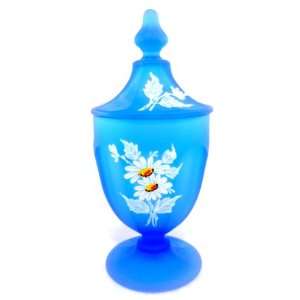  Westmoreland Blue Mist Floral Bouquet Covered Candy Jar Satin Glass 
