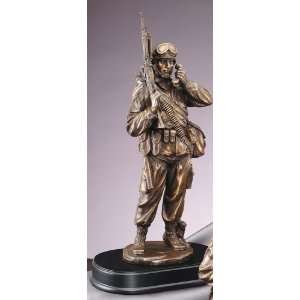 Army Soldier Statue W/Radio Bronze Color Resin Sculpture 14 Tall
