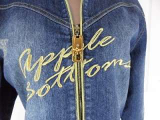 Apple Bottoms Size Large Cropped Blue Jean Denim Jacket Gold Trim Zip 