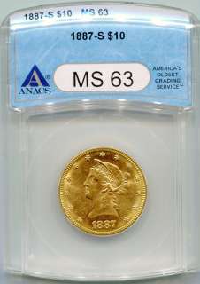 Rare 1887 S $10 US Liberty Gold Eagle ANACS MS 63 Certified Genuine 