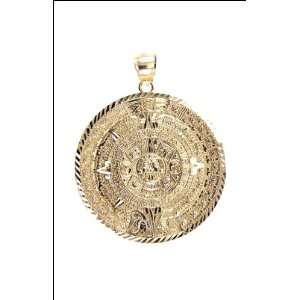 14k Yellow Gold, Aztec Calendar Medal Pendant Charm Round 
