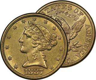 1887 S $5 HALF EAGLE LIBERTY HEAD GOLD COIN BU  