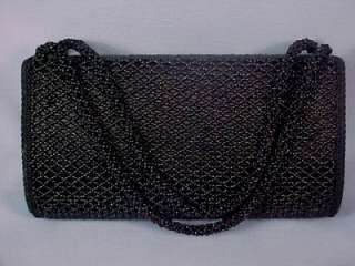 Vintage Black Satin Beaded Handbag Clutch Purse  