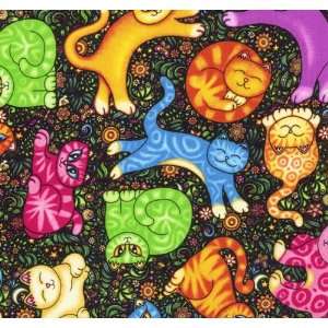 RJR Dan Morris Sew Catty Tossed Cats on Black Cotton Fabric By the 