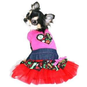  Pink and Denim Dog Dress with Red Tulle   Size MEDIUM 
