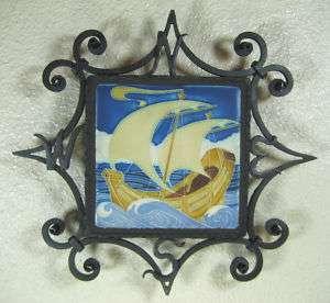 arts & crafts motawi magic ship tile in wrought iron  