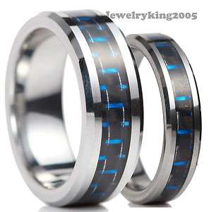 New Tungsten Carbide Ring His & Her Wedding Band w Black & Blue Carbon 