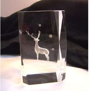   Reindeer and Snowflakes Laser Art Crystal Paperweight 