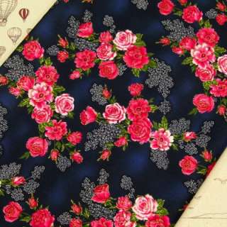 PINK ROSE FLOWER IN BLUE JAPANESE ASIAN 100% COTTON CLOTH QUILT FABRIC 