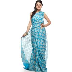  Sky Blue Banarasi Sari with Paisleys Bootis by Hand   Pure 
