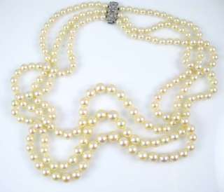 Antique Ladies 14K Diamond Triple Strand Pearl Necklace  
