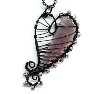  Black and Pale Lavender Agate Wire Wrapped Heart Pendant 