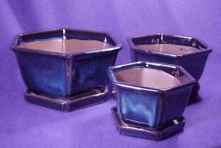 This auction is for 3 glazed Cobalt blue six sided Bonsai dishes with 