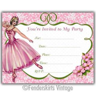 Vintage Retro Ballerina Birthday Party Invitations  