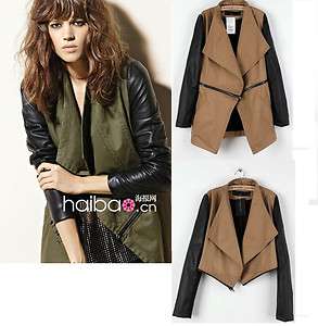   Big Collar Trench Coat Short Jacket faux leather sleeves 2 ways wear