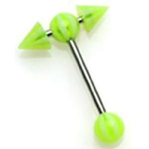 Tongue Ring Piercing with Green and White Striped Spikes and Balls
