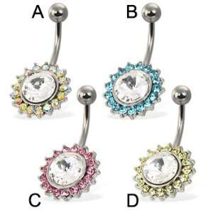Belly button ring with big gem framed by small color gems, pink   C