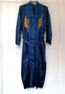 men s satin robe navy blue with embroideries of three dragons 