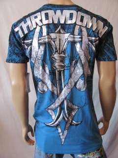 New THROWDOWN Premium Mens Blue S/S Skull Crew Zero Tee Shirt Top 