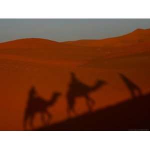  The Shadows of Tourists are Seen as They Ride Camels 