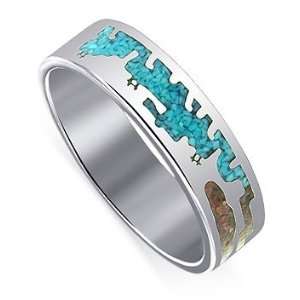   Turquoise Gemstone Coral Inlay 6mm wide Band Ring Size 9 Jewelry