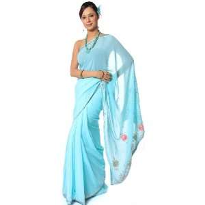  Sky Blue Sari from Mysore with Gota Border and Floral 