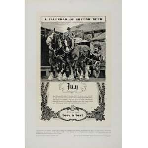   Ad British Beer Calendar July Shire Horse Team   Original Print Ad