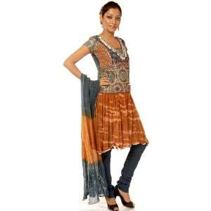  Denim Blue and Brown Choodidaar Suit with Embroidery and 