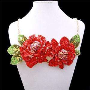 Chunky Rose Flower Pendant Necklace Swarovski Crystal  