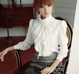 Hot Sale Korean Style tand Collar Chiffon Blouse White  