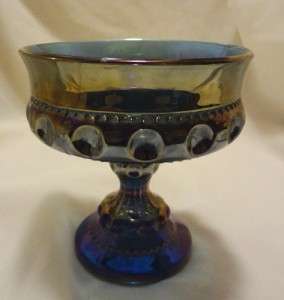 VINTAGE CARNIVAL GLASS BLUE PEDESTAL CANDY DISH/ COMPOTE BOWL KINGS 