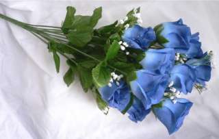 14 ROSES CORNFLOWER BLUE Long Stem Silk Flower Bush Wedding Bridal 