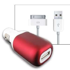  White/Red USB Car Charger w/ USB cable for iPhone 4S 4 3GS 