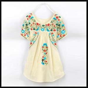 Vtg 70s Yellow Embroidered MEXICAN Scallop dress BOHO MINI TOP  