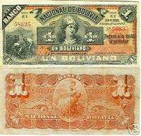 BOLIVIA 1 BOLIVIANO BANCO NACIONAL S  1.1.1892 F SCARCE  