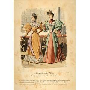 1894 Victorian Lady Paris Fashion Dress Hat Lithograph   Hand Colored 