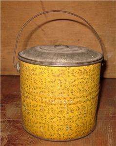 Excellent Antique Tin Lidded Lunch Pail In Yellow Litho  