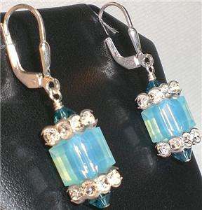   Opal Blue Crystal Leverback Cube Earrings Made with Swarovski Elements