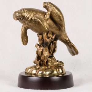 6.5 inch Brass Manatee Swimming With Calf Over Seaweed 